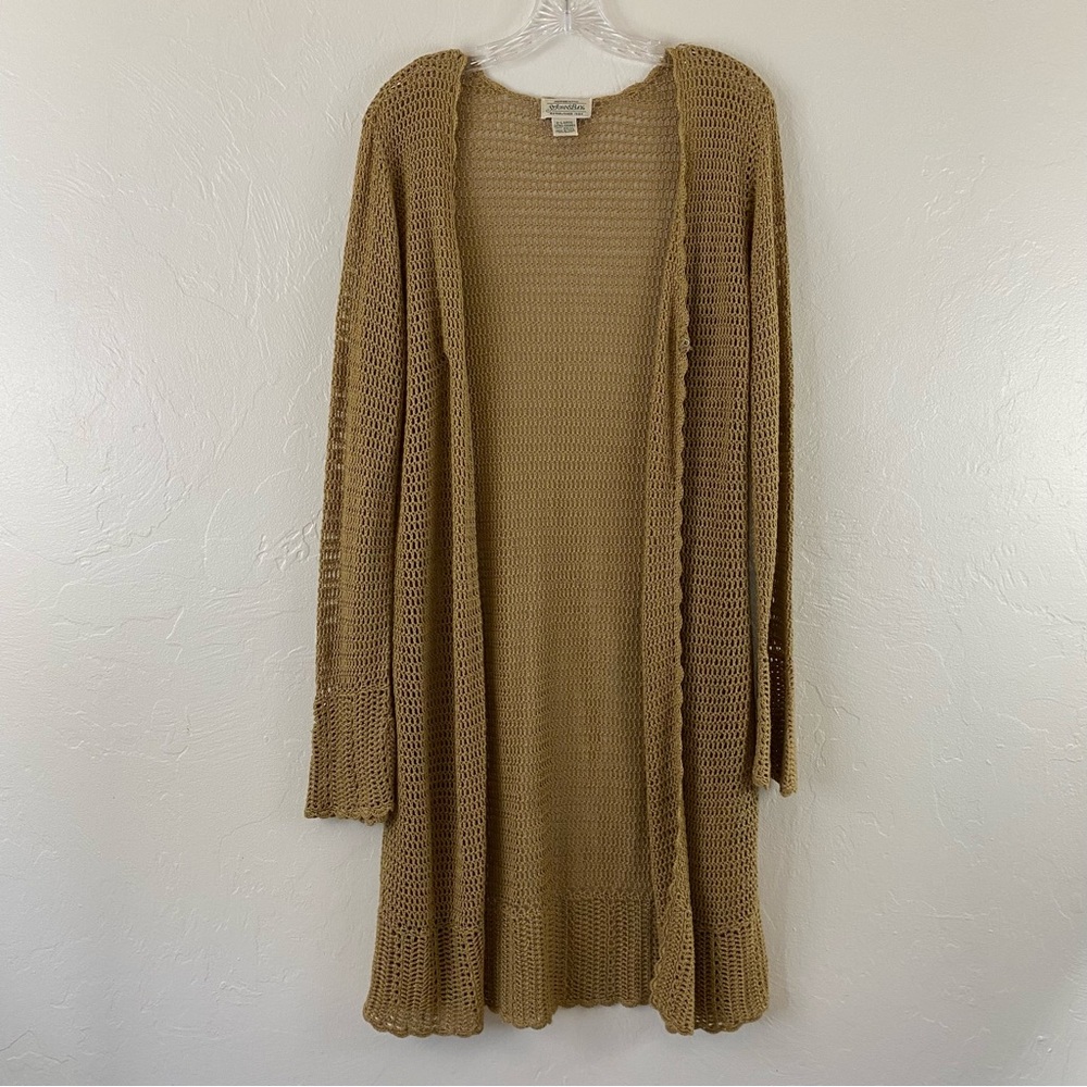 St John’s Bay Size XL Tan Crochet Knit Full Sleeve Open Long Cardigan Sweater